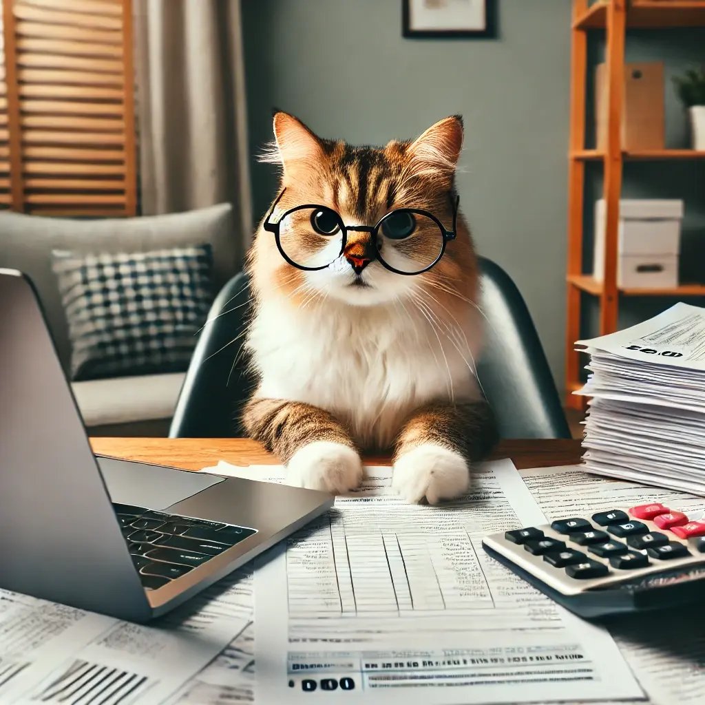 DALL·E 2024-07-22 11.02.45 - A cat sitting at a desk with a laptop and a stack of papers, looking very serious and focused. The cat is wearing glasses, and there are some tax docu